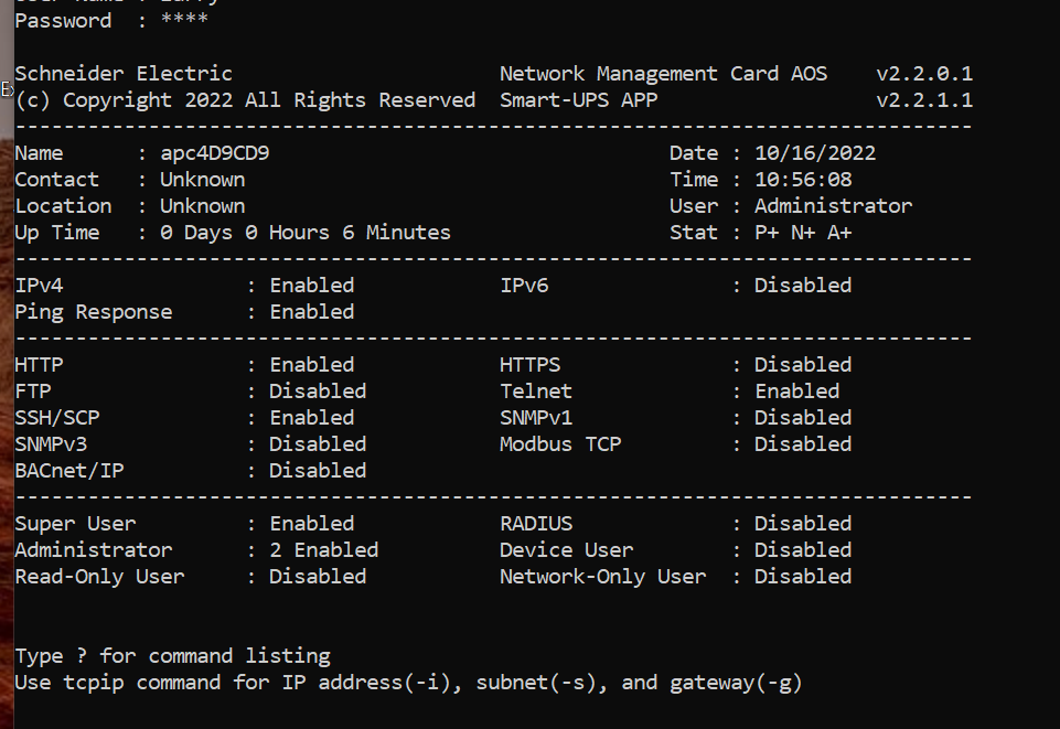 Problem with telnet with newer apc 9640 9641 net cards parse