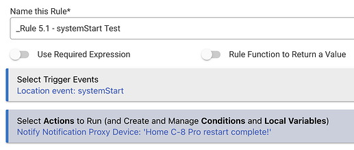 Screenshot of Rule 5,1 rule, triggered on systemStart with device notification action
