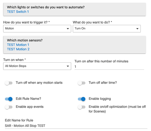 Simple Automation Rules 1.1 Screenshot: Trigger on motion; turn on switch when all motion stops, after 1 minute