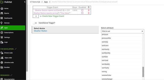 Ecovit Hubitat Rain Atributes Available in App