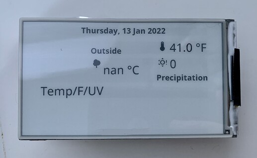 LilyGo e-ink display screenshot with (poorly formatted) outdoor temperatures, etc.