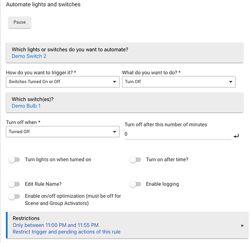 Screenshot of SAR: Turn Off Demo Switch 2 when Demo Bulb 1 turns Off, with restriction for time