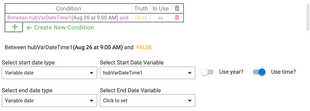 Screenshot of RM condition editor with Between Two Times option and "use time?" enabled