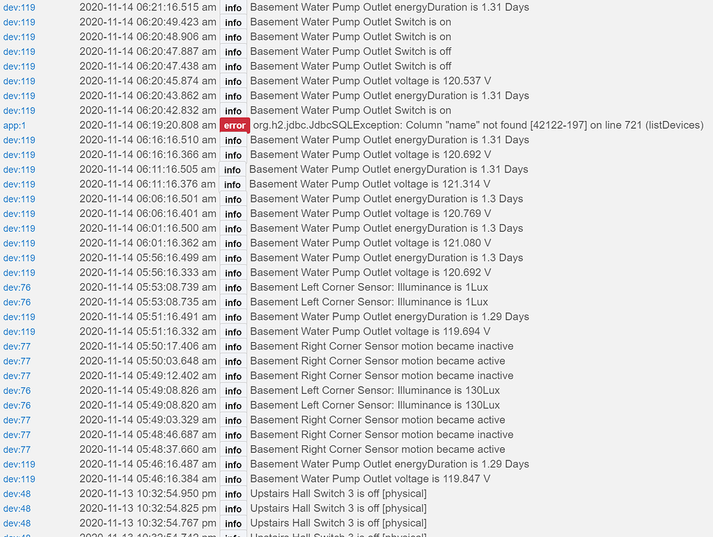 Jdbc sqlexception error "column name" pops up for a device and other