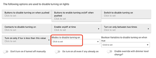 Screenshot of "Modes to disable turning on" option