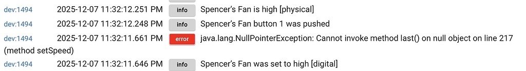[Bug] GE Smart Fan Control driver - Cannot invoke method last() on null ...