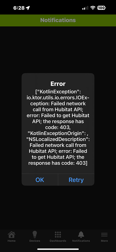 Notifications app no longer working, Failed Network Call error loading ...