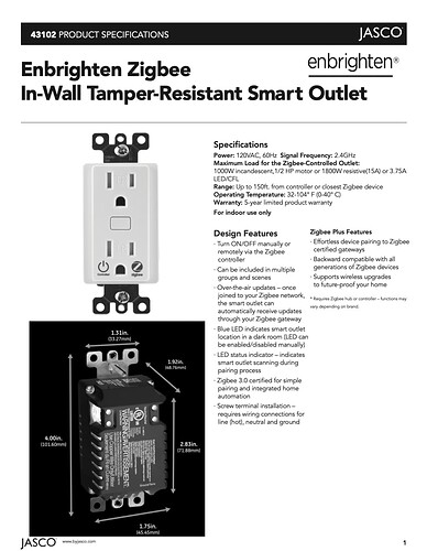 Jasco OTLT 43102 smart outlet specs.