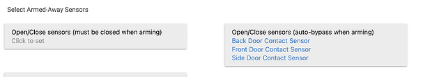 Screenshot: "must be closed when arming" sensors and "auto-bypass when arming" sensors