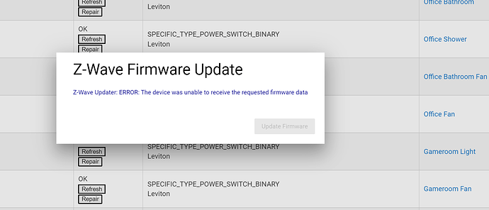 Z Wave update fail