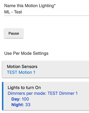 Motion Lighting app screenshot with "per mode settings" enabled