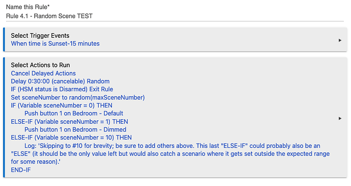 Screenshot: Rule 4.1 with 'Susnet-15' trigger; actions include random delay, variable math with random number, and setting scene based on number