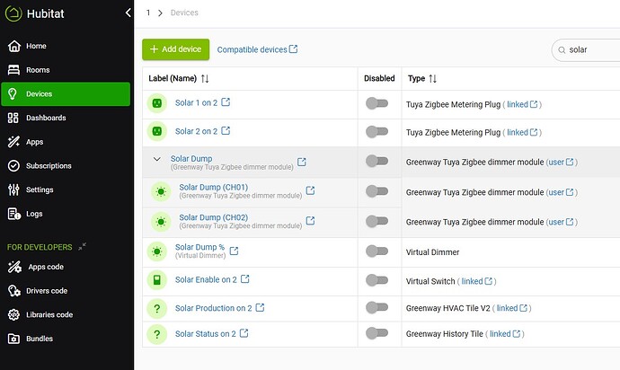 solar dump load Hubitat device 25-08-2025