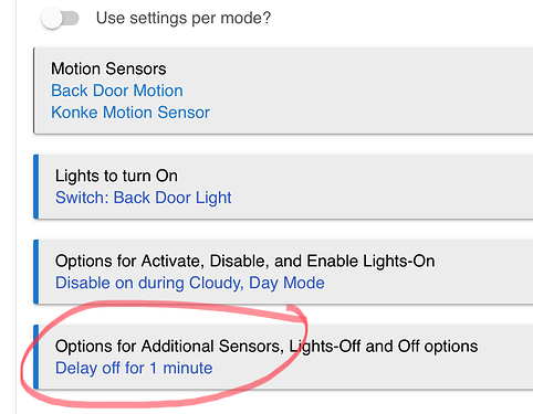 Screenshot of delay option in Motion Lighting app