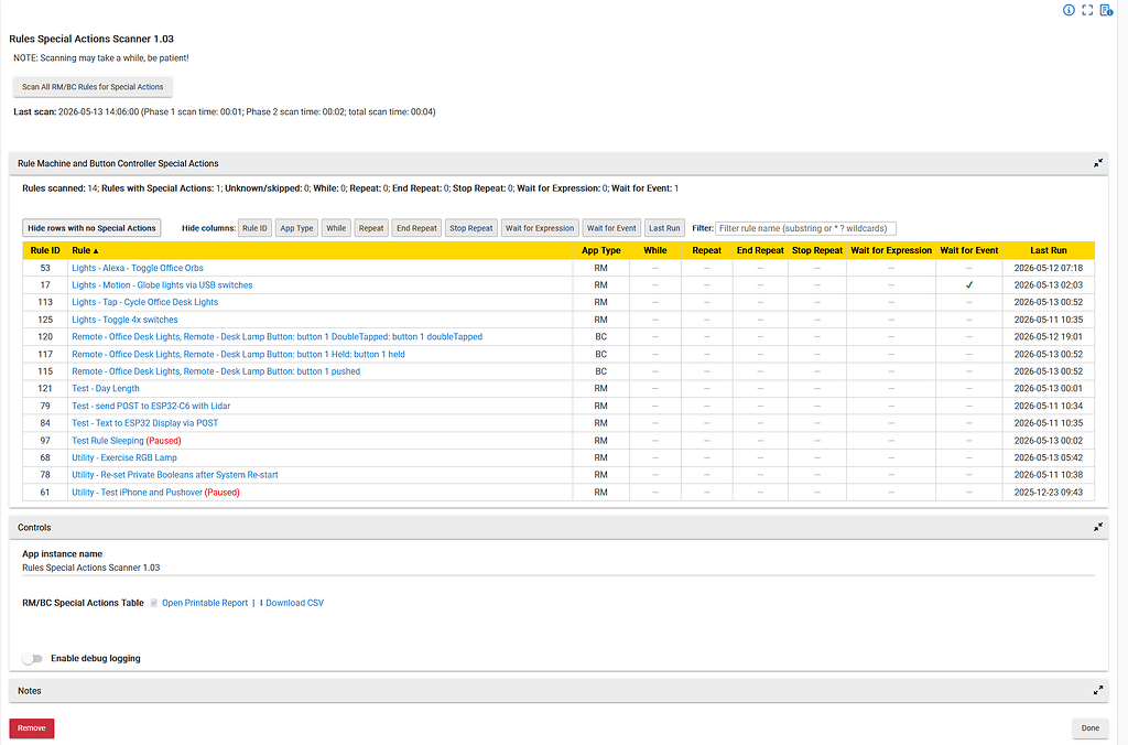 Rules Special Actions Scanner v. 1.03 - Custom Apps - Hubitat