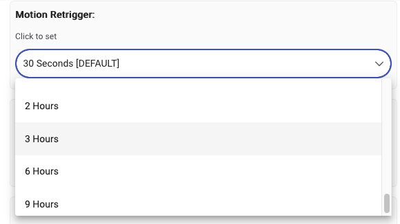 Screenshot of "Motion Retrigger" options going up to 9 hours