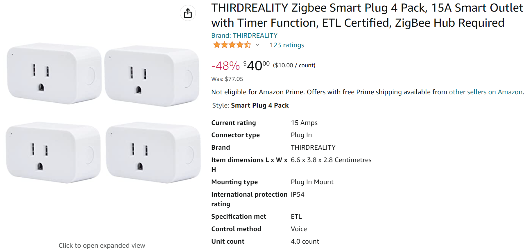 .ca 4 pack for $40.00 THIRDREALITY Zigbee Smart Plug $10/ea