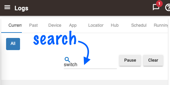 Screenshot of search feature in logs