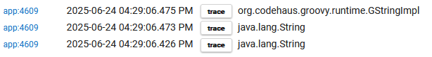 Log output, newest to oldest (screenshot): GStringImpl, String, String