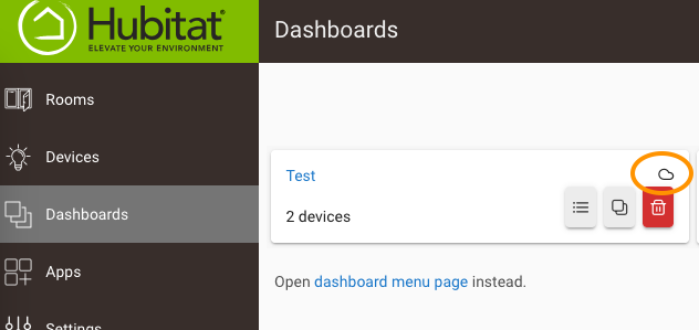 Screenshot highlighting cloud icon for dashboard