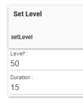 'Set Level' with level 50 and duration 15 on virtual shade device page