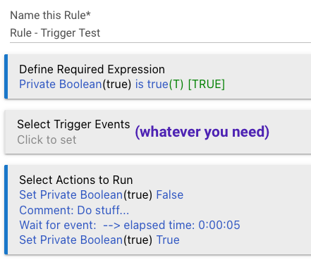 Required expression: PB true. Actions to run: Set PB false, do whatever, wait 5 seconds, set PB true.