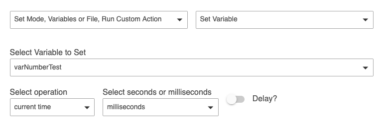 "Select operation: current time" and "Select seconds or milliseconds: milliseconds" options chosen in "Set Variable" action in Rule Machine