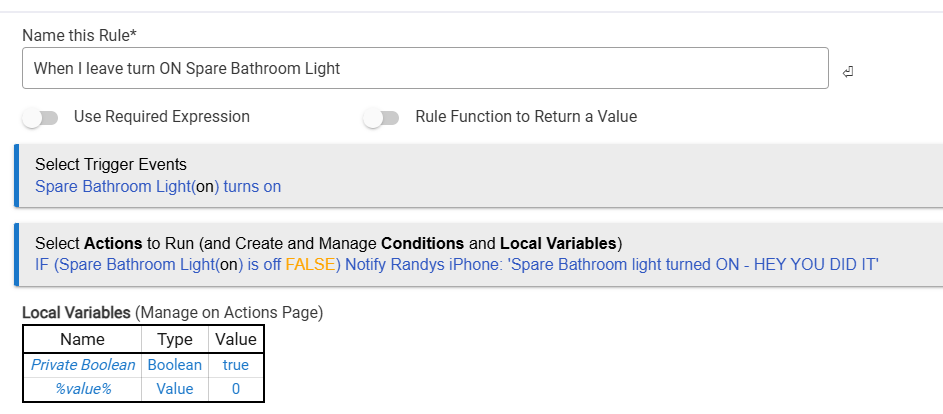 When I leave turn ON Spare Bathroom light ON