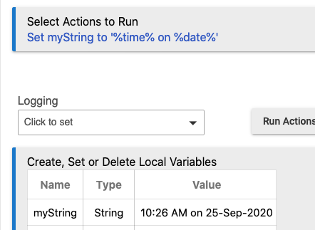 Set myString to '%time% on %date%' rule action