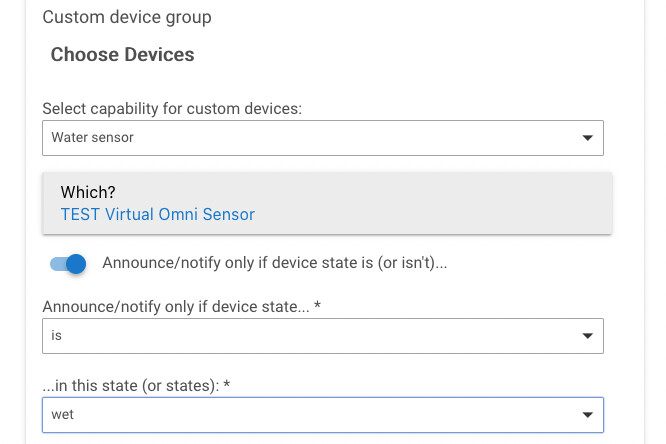 Screenshot of custom device group with water sensor capability selected